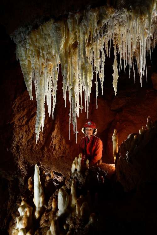 Grotte de Pousselières (Hérault) - Spéléologue derrière un massif de concrétions d'aragonites(SP-12-0970)
